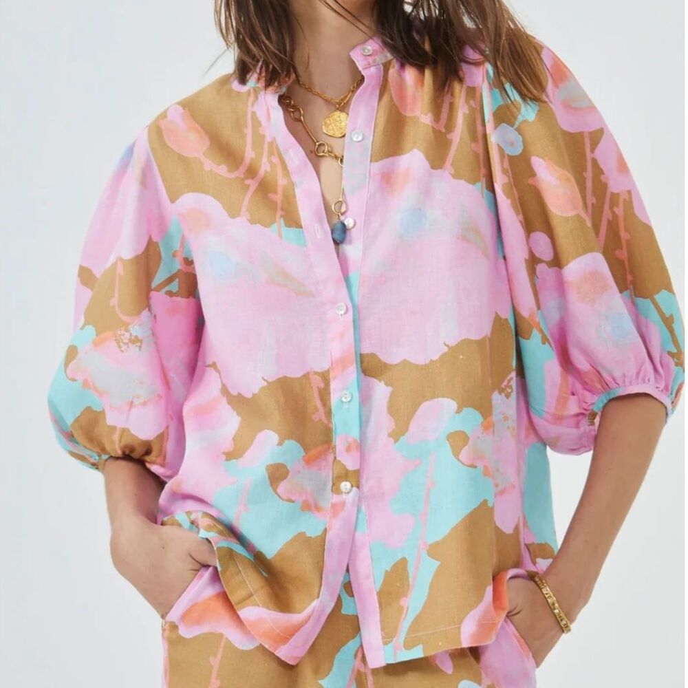 Lanhtropy Bubble 100% Linen Shirt in Aquarela. Floral Print Puff sleeves. Size S